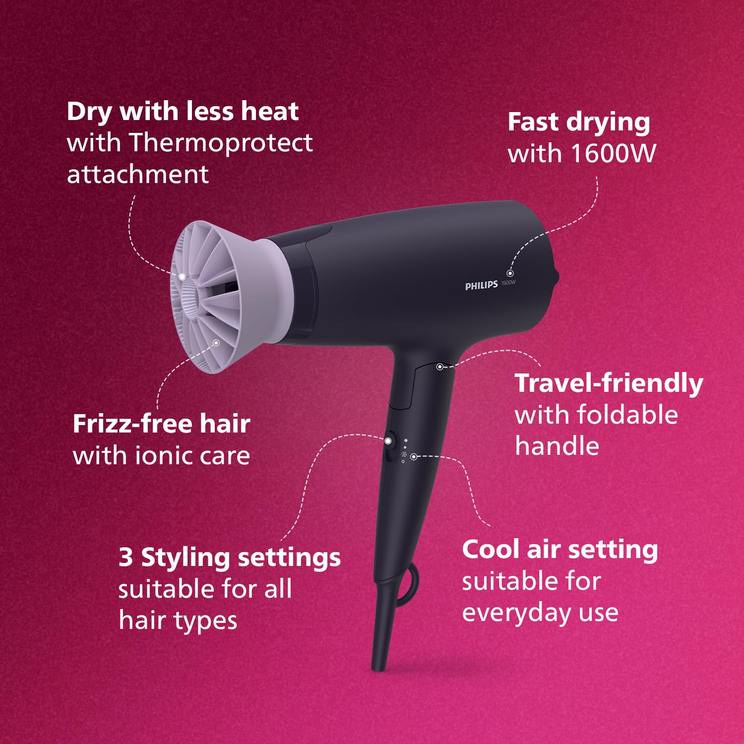 Philips Hair Dryer Powerful Drying with Less HeatIIonic Care for Smooth &amp; Shiny HairI 3 Styling Options for Salon like BlowdryI 1600 WattsI Cool ShotI Men &amp; WomenI 2 Year WarrantyI BHD318/00, Purple - View 8