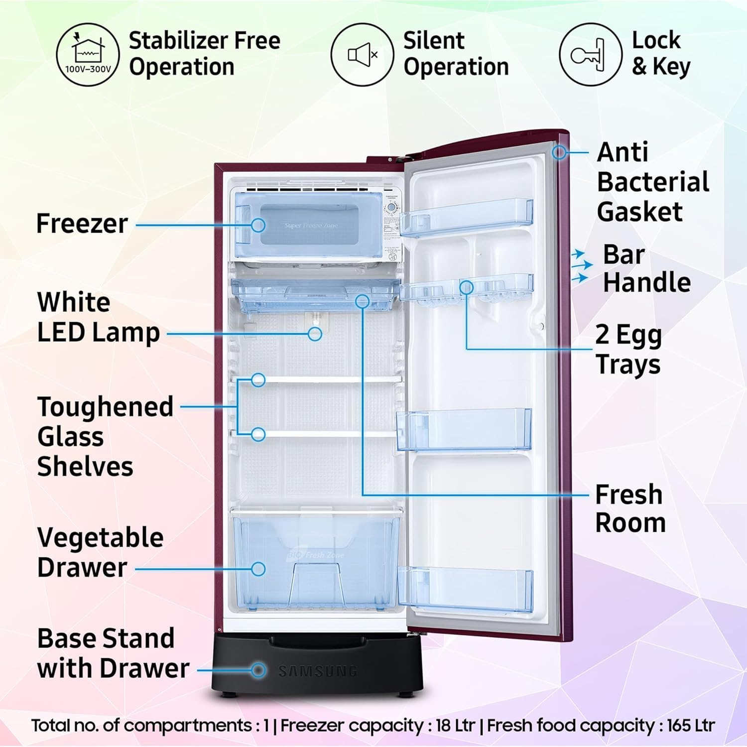 Samsung 183 L, 4 Star, Digital Inverter, Direct-Cool Single Door Refrigerator (RR20C1824CR/HL, Red, Camellia Purple, Base Stand Drawer) - View 5
