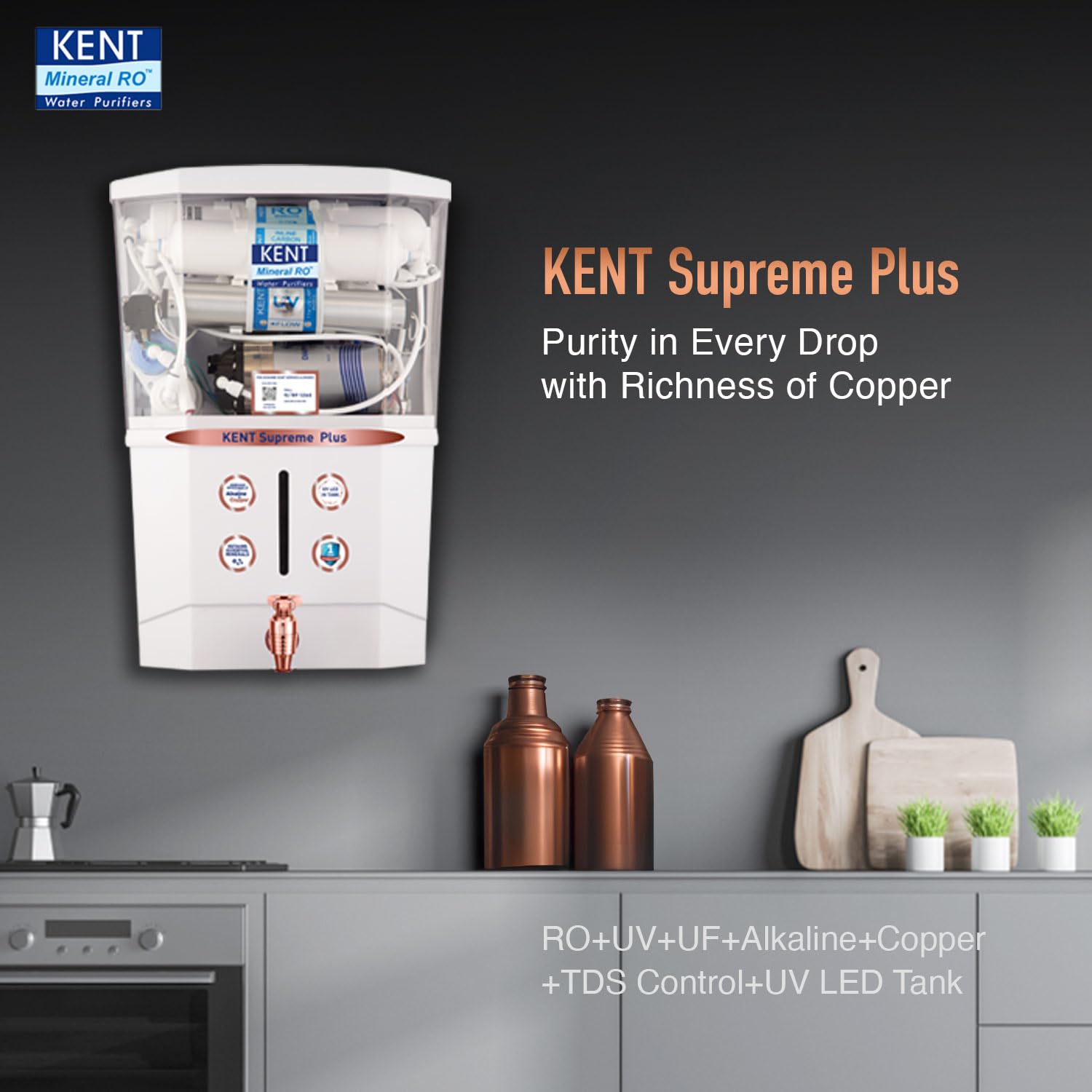 KENT Supreme Plus Alkaline+Copper RO Water Purifier | RO+UV+UF+Alk +Cu+TDSControl+UV LED Tank|Advanced ROTech for Sabse Shudh Paani | Auto Flush | 8L| 20LPH | Ideal for Borewell/Tanker/Municipal Water - View 9
