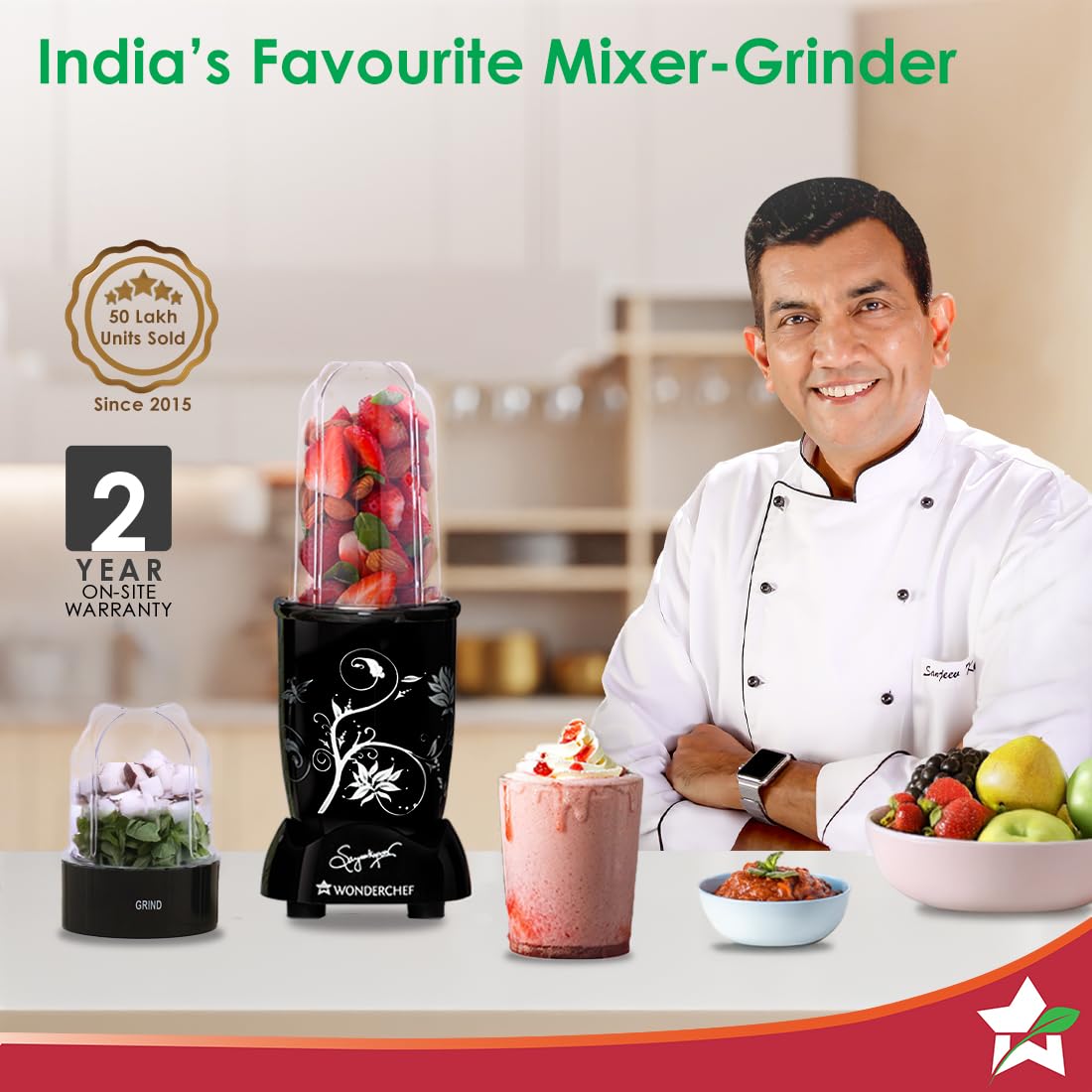 Wonderchef Nutri-blend 500W Juicer Mixer Grinder, 22000 RPM Copper Motor, Smoothie Maker, Masala Grinder, Chutney Blender, 2 Unbreakable Jars, Recipe Book by Chef Sanjeev Kapoor, 2 Yr Warranty, Black - View 8