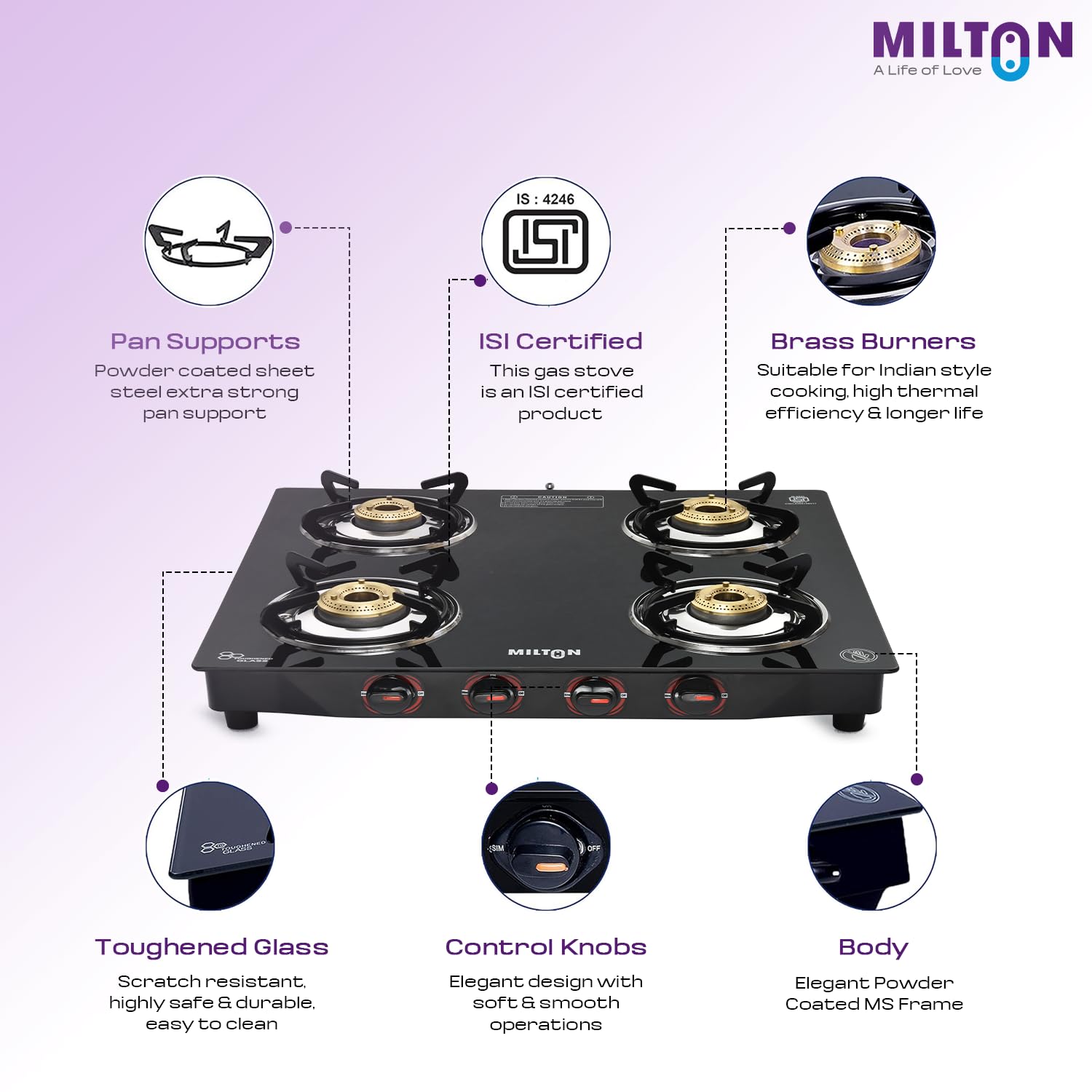 MILTON Premium 4 Burner Black Manual Ignition Glass Top Gas Stove, (ISI Certified) - View 6