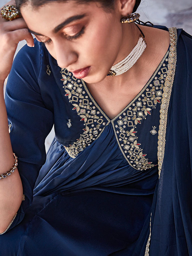 Navy Blue Zardosi Embroidered Silk Long Kurta Paired With Embroidered Organza Dupatta - View 4