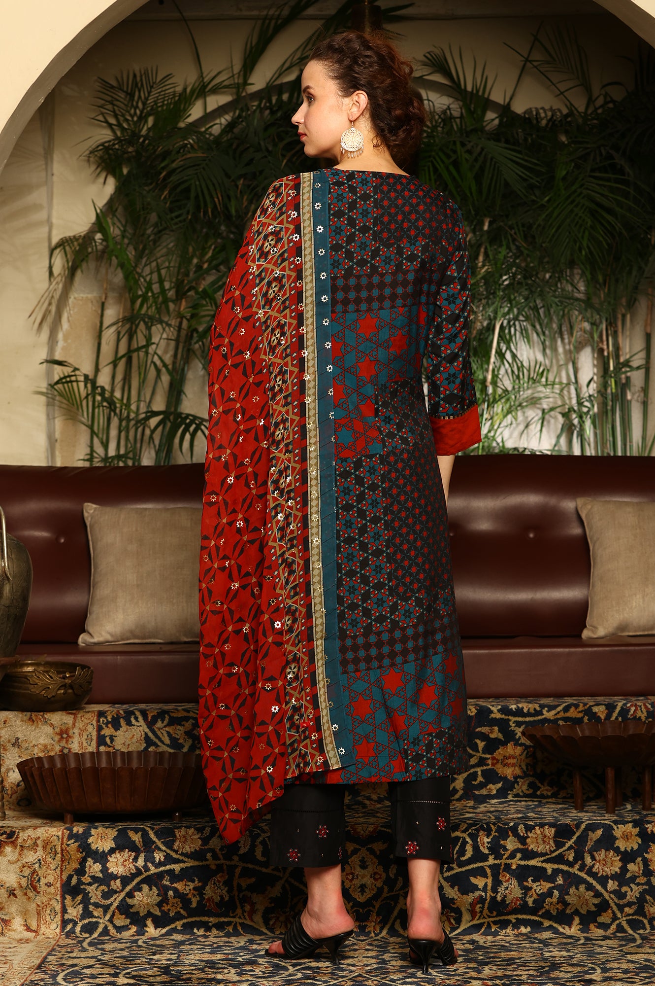Black Multi-Coloured Patch Printed Metallic Embroidered A-Line Kurta, Pants And Dupatta Set - View 2