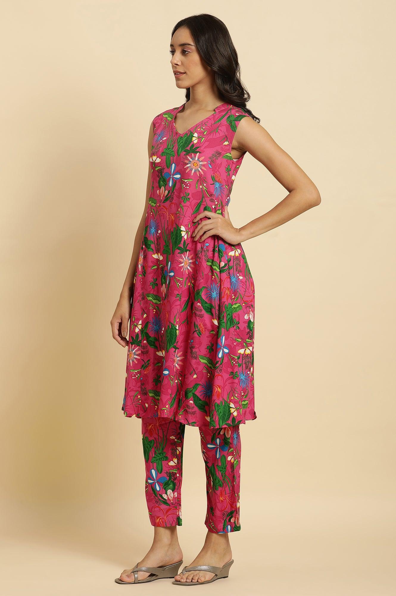 Pink Floral Printed Sleeveless Kurta & Pants Co-Ord Set - View 10