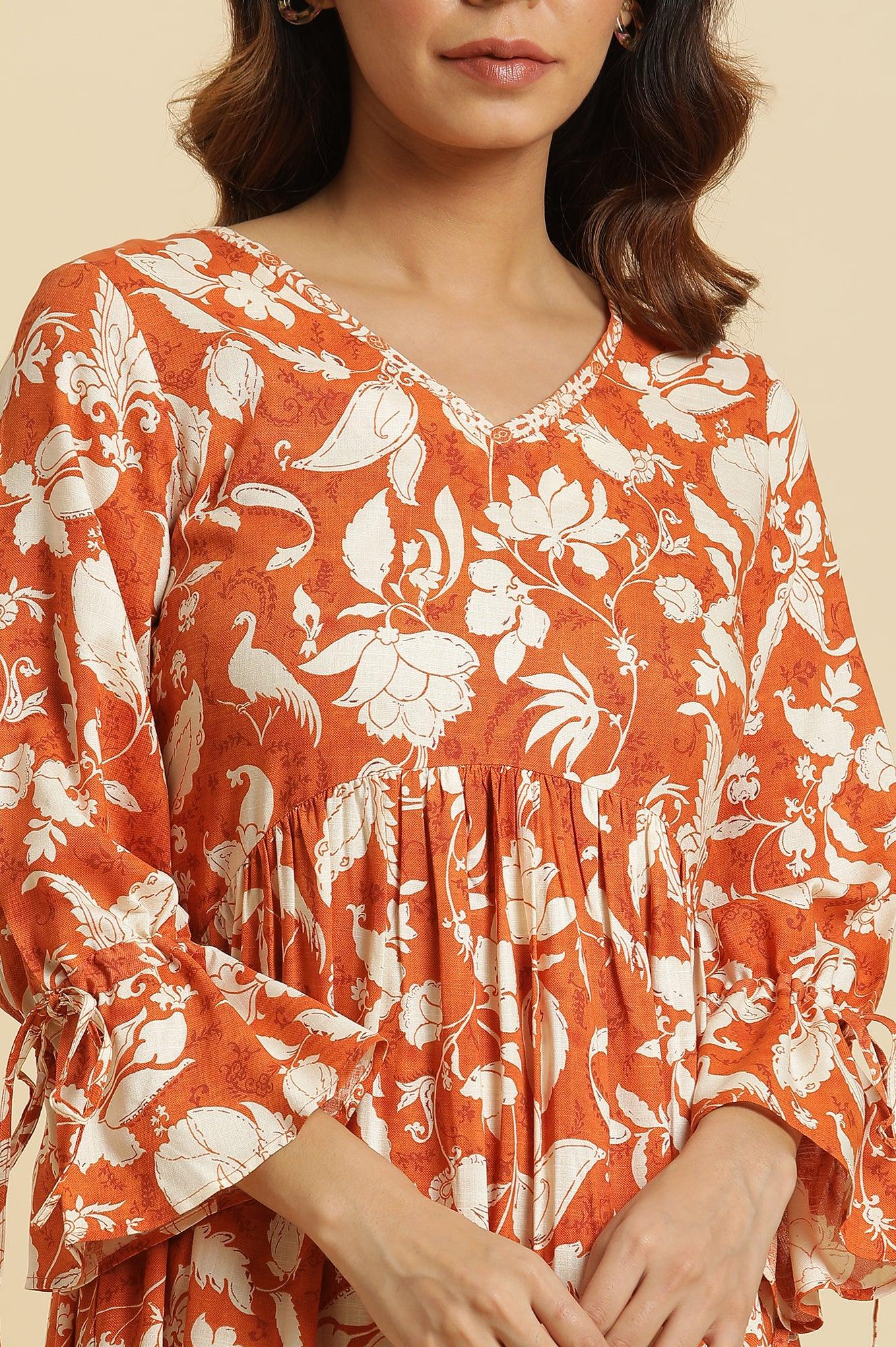 Dark Orange Floral Printed Kurta &amp; Pants Co-Ord Set - View 3