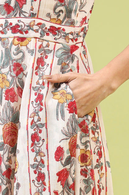 Off-White Vibrant Floral Printed Pure Cotton Flared Spaghetti Dress - View 2