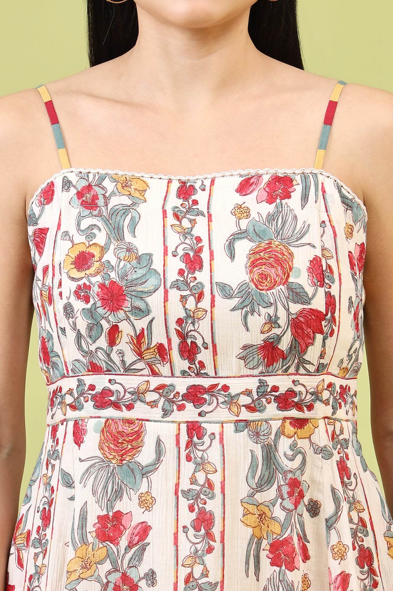 Off-White Vibrant Floral Printed Pure Cotton Flared Spaghetti Dress - View 9