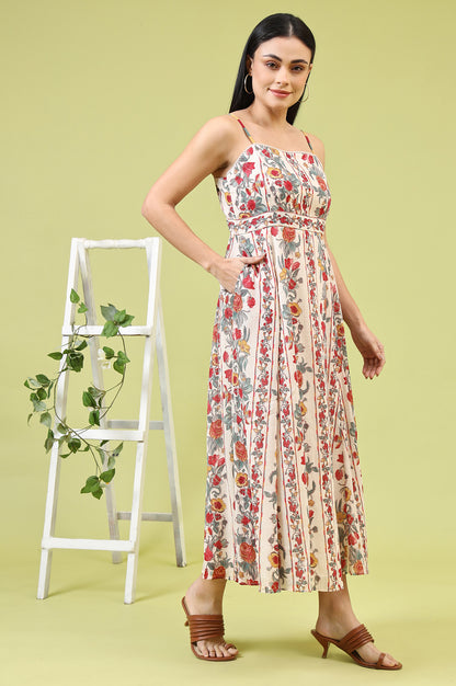 Off-White Vibrant Floral Printed Pure Cotton Flared Spaghetti Dress - View 3
