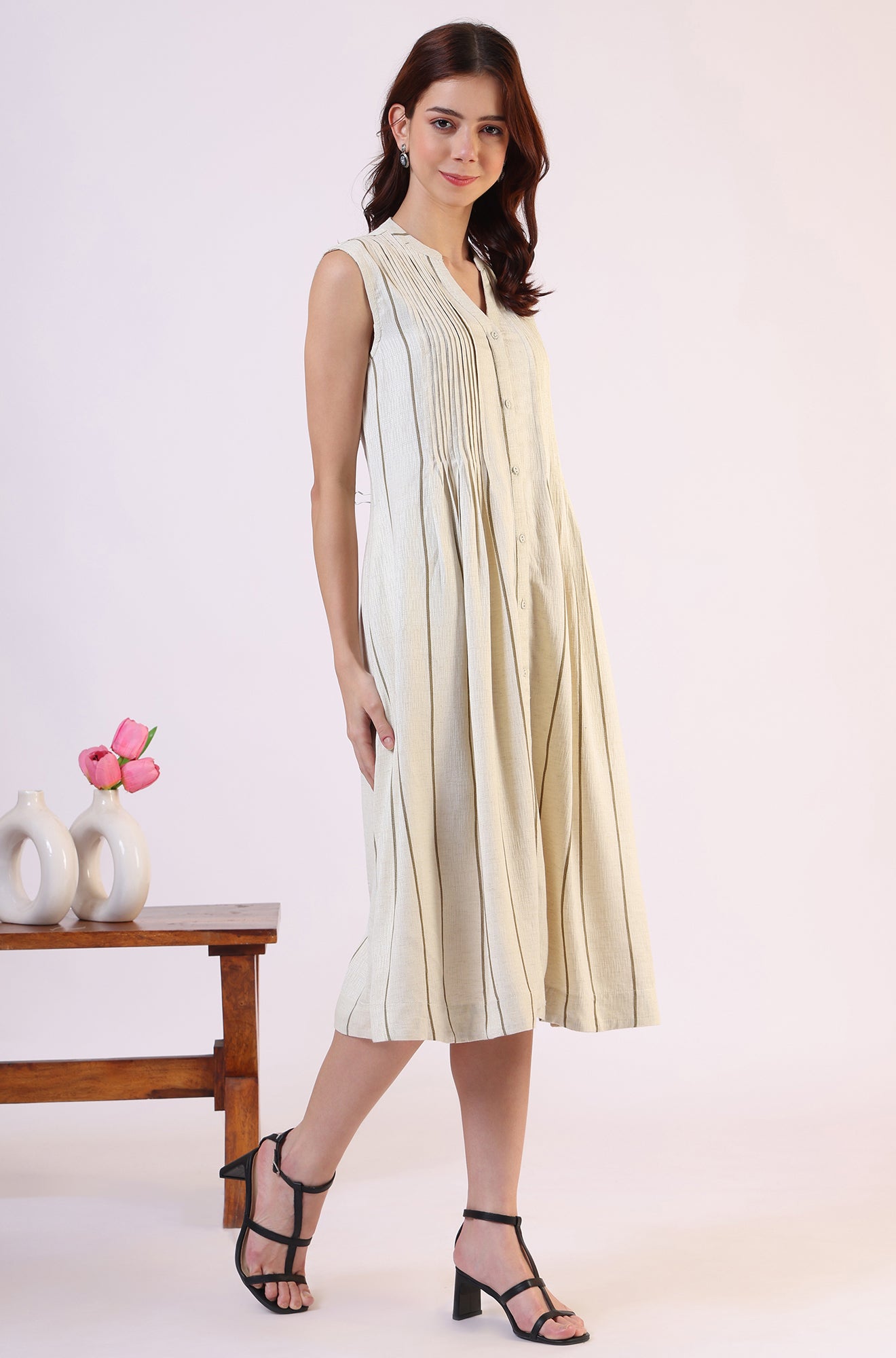 Off -White Striped Cotton Blend Flared Western Dress - View 6