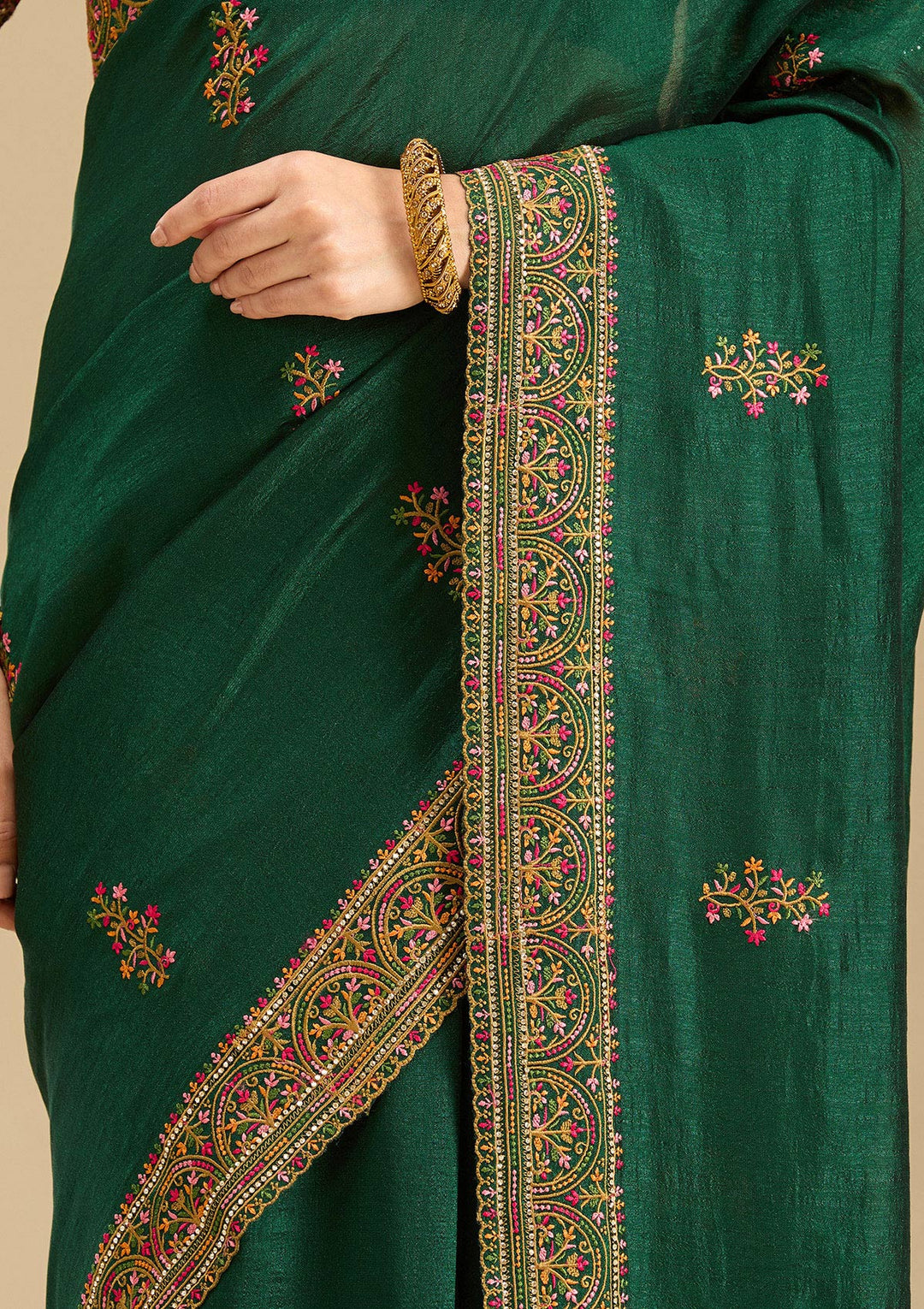 Bottle Green Kashmiri Soft Raw Silk Saree - View 3