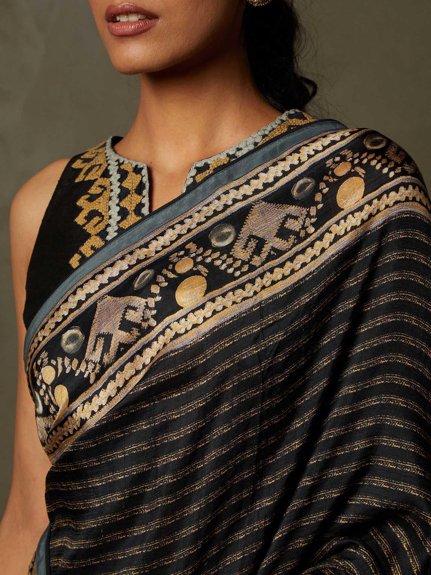 Black &amp; Beige Noni Saree With Stitched Blouse - View 2