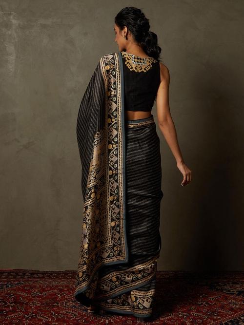Black &amp; Beige Noni Saree With Stitched Blouse - View 3