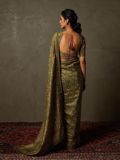 Olive &amp; Beige Shereen Saree With Unstitched Blouse - View 3