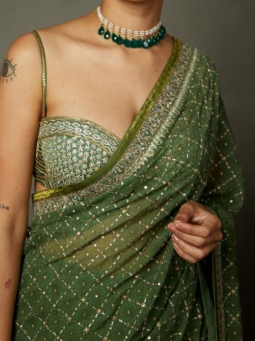 Khaki Rohira Saree With Unstitched Blouse - View 5