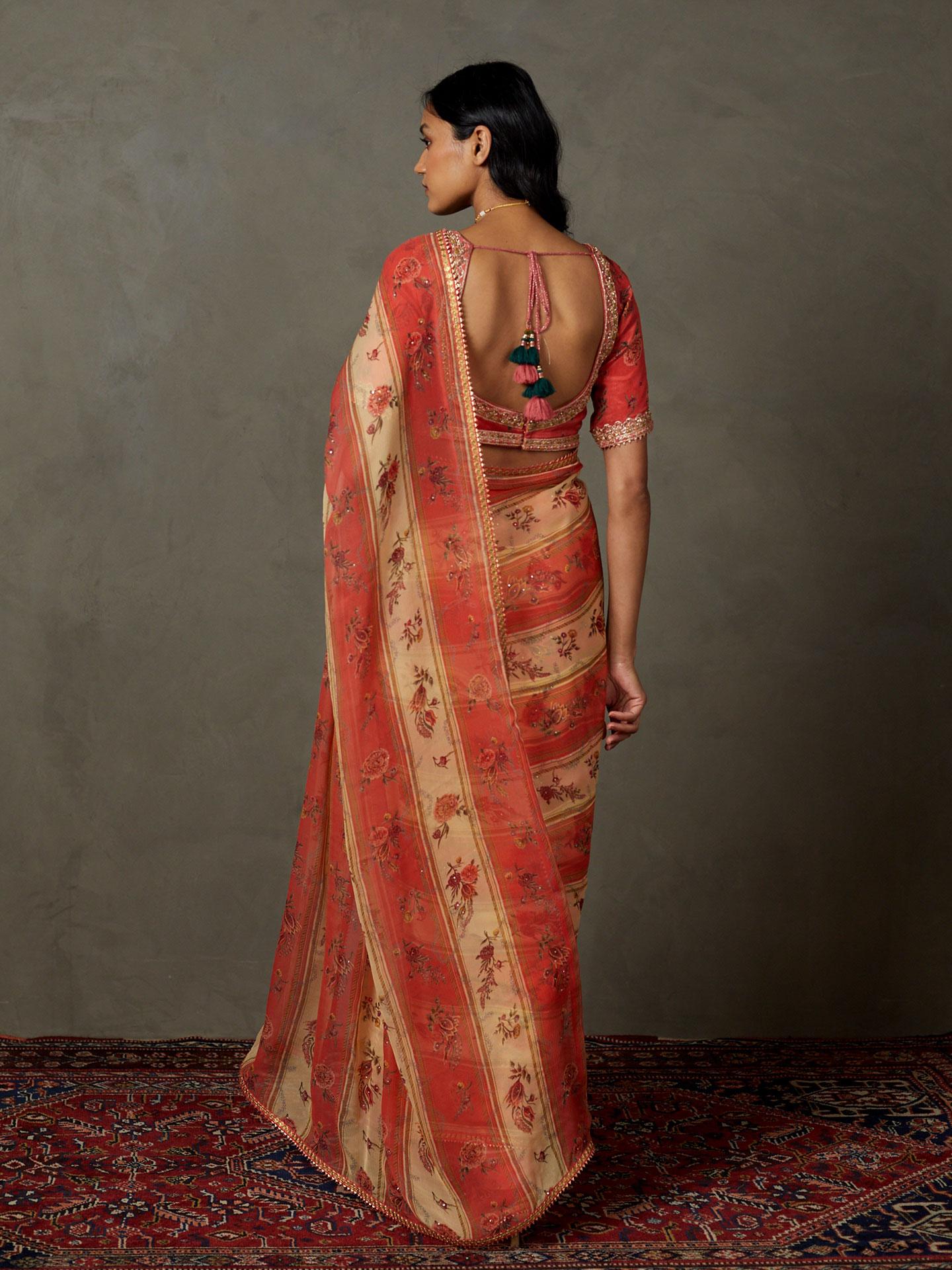 Peach &amp; Multi Dahlia Saree With Unstitched Blouse - View 5