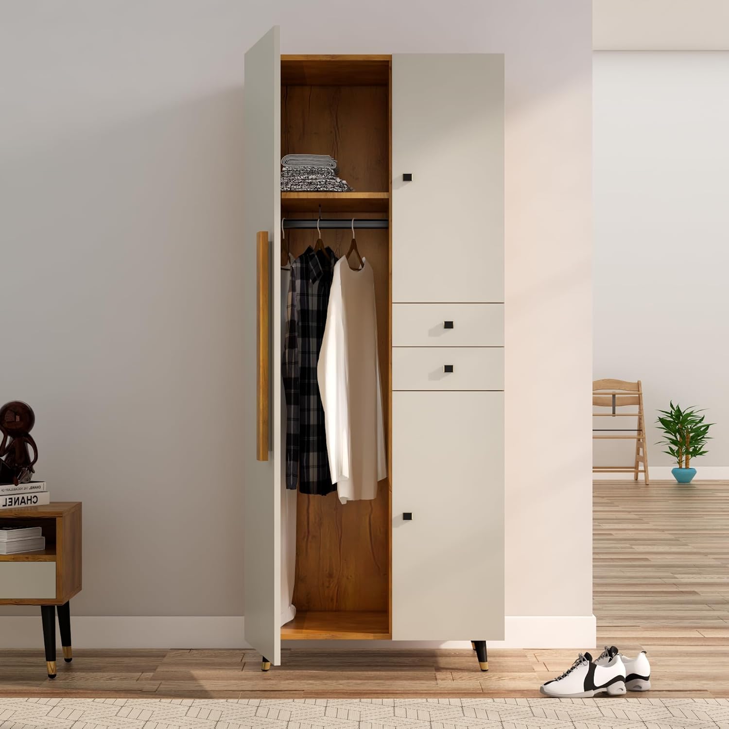 Bniture Wooden Almirah for Clothes, Door for Bedroom, 2 Door Wardrobe with Drawer &amp; Hanging Space (45D x 75W x 180H CM) | 3 Year Warranty (Giant Wood &amp; Frosty White) - View 3
