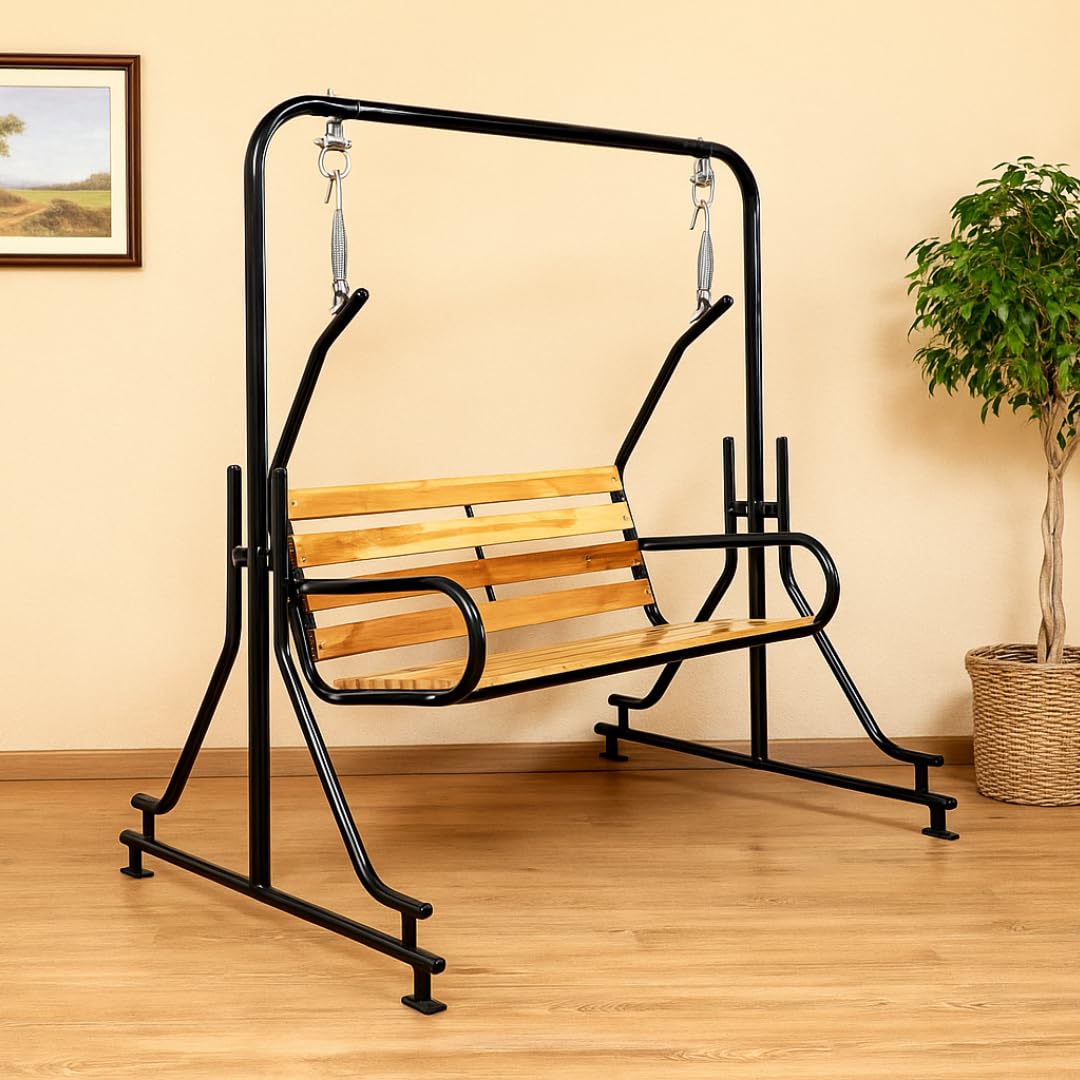 2-Seater Indoor & Outdoor Swing - Natural Wooden Polished (50kg) | Upper Pipe Swing Jhula for Home and Blacony with Sturdy Stand | Strong 300 Kg Capacity Heavy Metal Swing