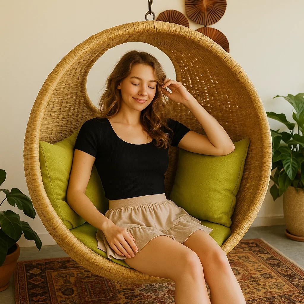 Hanging Swing Chair for Balcony & Living Room | Handwoven Cane Hammock Zula for Adults | Indoor Outdoor Single Seater Jhula | Handmade Rattan Swing Chair (91x46x91 cm)